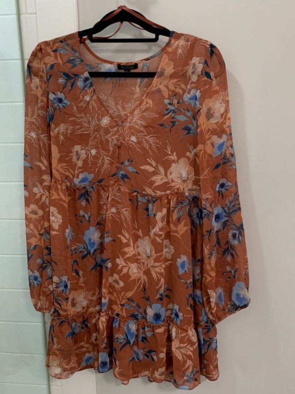 City Studio Orange Sheer Floral Long‑Sleeve Flare Dress – Size L